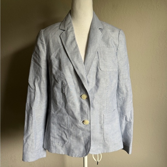 Talbots Blue White Stripe Linen Blend Lightweight Blazer Women 8 Academia Career - Picture 1 of 6